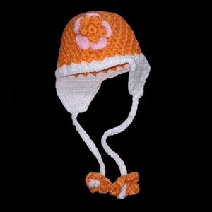 Orange and White Kids Crochet Hat with Flower